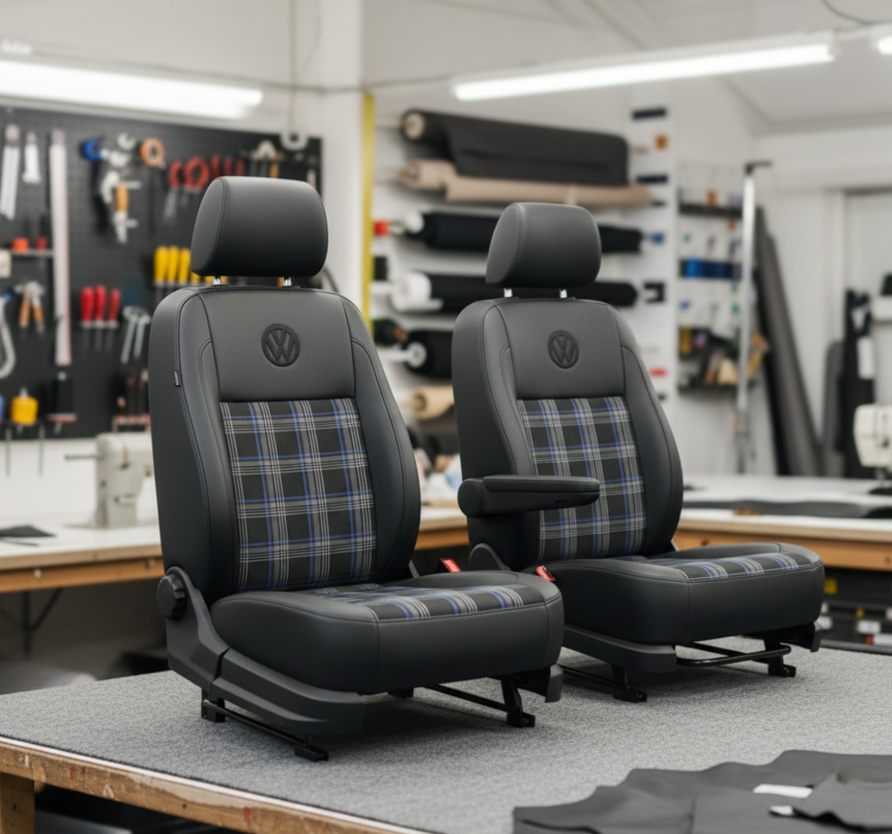 Black and Blue tartan VW T4 seats upholstery Blue Note Upholstery